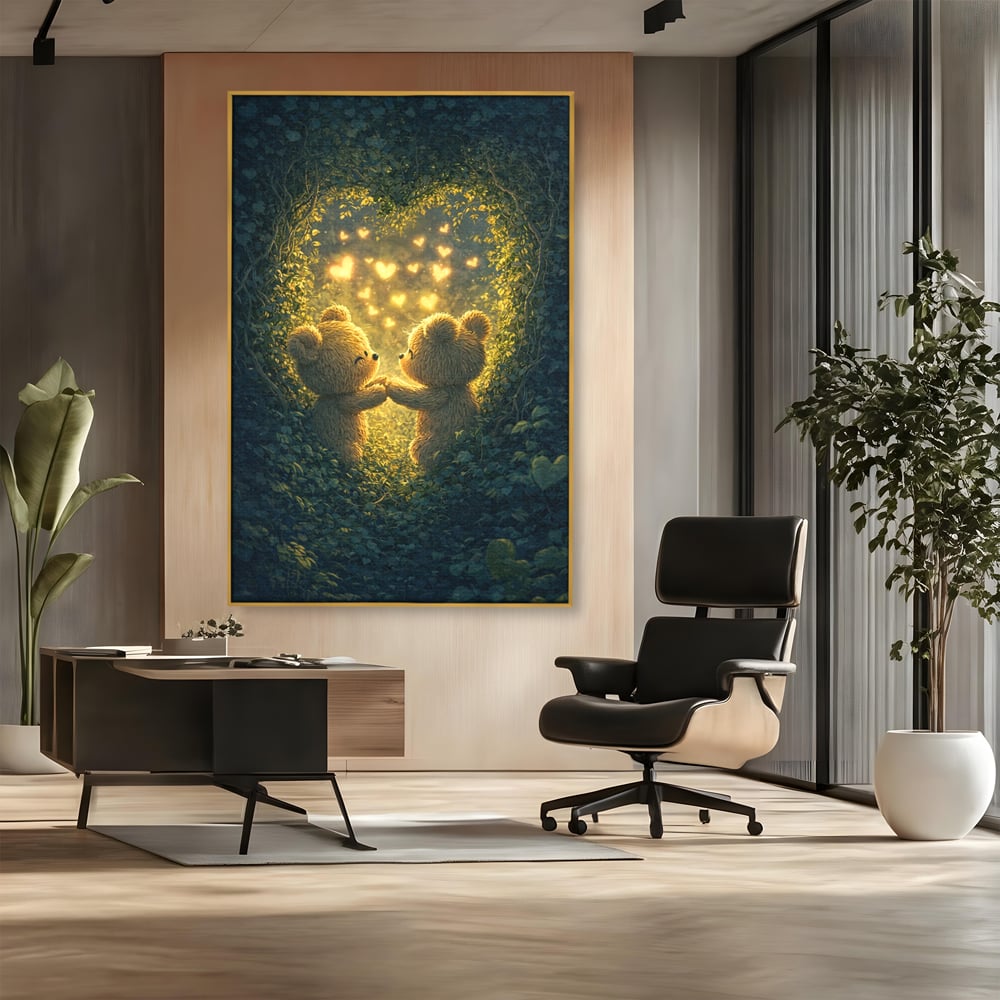 Tablou canvas cu doi ursuleti pufosi in padure, in rama de aluminiu auriu, pe perete intr-un birou